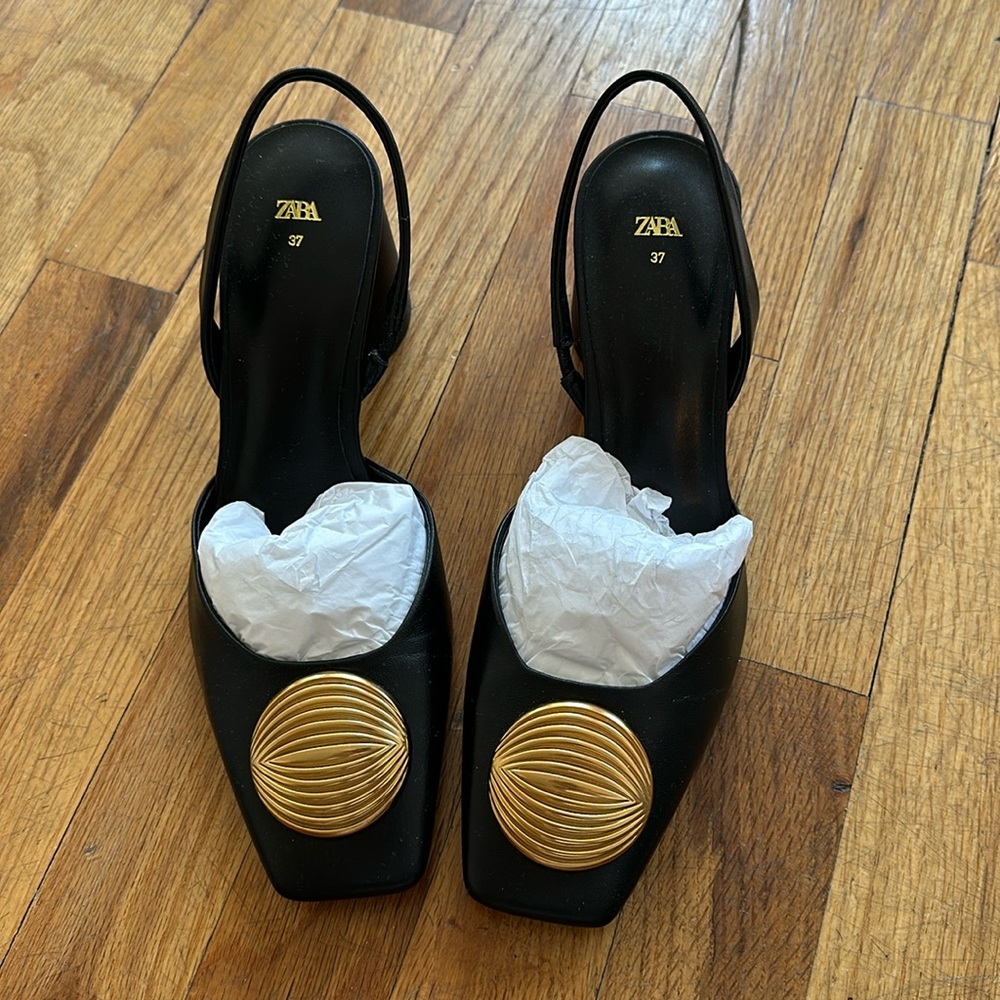 Black leather embellish Slingback Heels